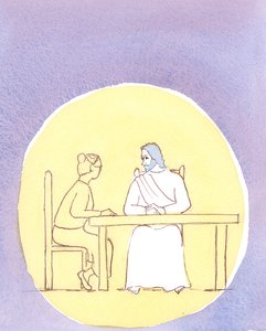 Pela Sagrada Comunhão estamos presentes com Cristo; e podemos falar com ele tão intimamente como se estivéssemos sentados à mesa da cozinha, 2004 (w - c no papel) de Elizabeth Wang