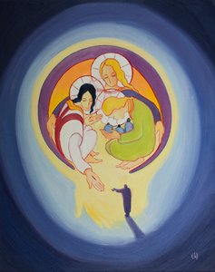 Através do arrependimento e da fé em Cristo, permitimos que Ele nos atraia para o coração da Santíssima Trindade, 2001 (óleo a bordo) de Elizabeth Wang