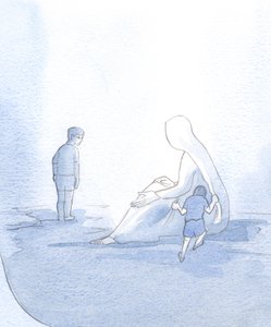 Para ilustrar nosso relacionamento com Maria, vi uma criança dando puxões ruidosos, mas recebendo conforto; a outra criança, orgulhosa e desconfiada, manteve a distância, por isso faltou a ajuda dela., 2001 (w - c no papel de Elizabeth Wang