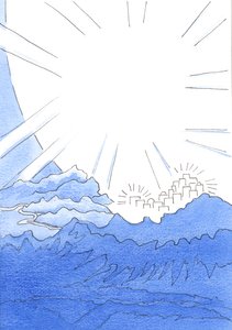 Viver na terra em união feliz com Deus é viver como se estivesse à beira da Cidade Celestial, no topo da montanha, muito acima do caminho escuro abaixo, 2002 (w - c no papel) de Elizabeth Wang