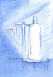 Podemos encontrar Cristo no Santíssimo Sacramento no altar; em Sua Pessoa e Sua Presença, podemos tocar todas as fases da vida de Cristo, 2001 (w - c no papel) de Elizabeth Wang