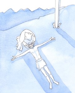 Podemos ver Nossa Senhora ajoelhada ao pé da cruz, a cabeça do filho no colo, o corpo estendido diante dela, enquanto ela o embala, 2003 (c - c no papel) de Elizabeth Wang