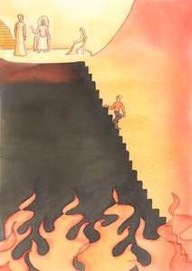 Temos uma escolha: descer ao pecado e ao Inferno, ou seguir o Caminho de Cristo para o Céu, 2005 (aguarela sobre papel) de Elizabeth Wang