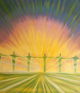 Só temos que estar aqui na missa, para pedir, receber e aceitar todas as bênçãos que Cristo oferece - unidos a Ele, 2000 (óleo a bordo) de Elizabeth Wang