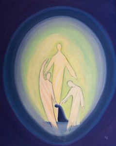 Amamos e adoramos as Três Pessoas Divinas dentro de nossas almas, quando vivemos em estado de graça, 2000 (óleo a bordo) de Elizabeth Wang