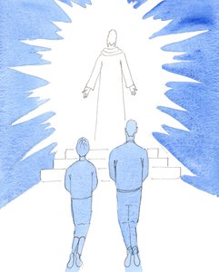 Precisamos de examinar as nossas vidas, para ver se Cristo está realmente "entronizado" nos nossos corações e lares, ou se o "deus" que servimos são os nossos próprios desejos e ambições, 2005 (aguarela sobre papel) de Elizabeth Wang