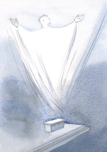 Que oferta enorme sobe de nosso pequeno altar, enquanto Cristo ora nossa única oração, mãos estendidas ao Pai, 2000 (w - c no papel) de Elizabeth Wang