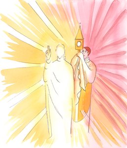 Quando um sacerdote segura a custódia com a Hóstia Sagrada e nos abençoa com ela, o próprio Cristo nos abençoa, embora não o vejamos, 2003 (c - c no papel) de Elizabeth Wang