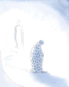 Quando uma alma desiste de suas ambições pessoais, por amor de Cristo, Cristo dá a ela o manto que ela vestirá ao caminhar em direção ao Pai., 2001 (w - c no papel) de Elizabeth Wang