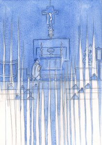 Quando os fiéis rezam o Santo Rosário, os Santos Anjos os rodeiam e vigiam, em silêncio reverente, 2002 (w - c no papel) de Elizabeth Wang