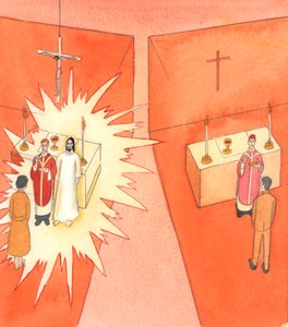 Quando o pão e o vinho são consagrados por um padre católico, são transformados no Sagrado Corpo e Sangue de Cristo; e Cristo transforma o comungante, pela sua vida divina, 2005 (aguarela sobre papel) de Elizabeth Wang
