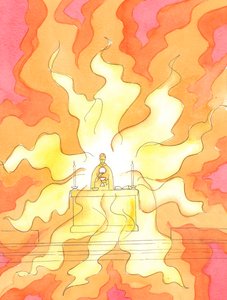 Transformado o pão e o vinho no Sagrado Corpo e Sangue de Cristo, Ele, o Cordeiro de Deus, nosso Salvador, está substancialmente Presente: o Cristo Ressuscitado, no fogo da Sua Divina Glória, 2003 de Elizabeth Wang
