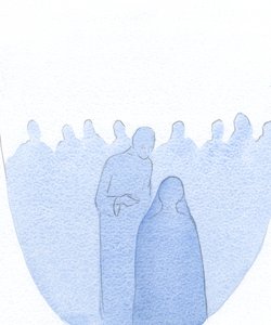 Quando o menino Jesus foi encontrado no Templo, inclinou-se para a frente, explicando calmamente a Sua Santa Mãe (com infinita bondade) que Seu trabalho já havia começado., 2001 (w - c no papel) de Elizabeth Wang
