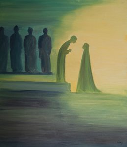 Quando o menino Jesus foi encontrado no Templo, inclinou-se para a frente, explicando calmamente a Sua Santa Mãe (com infinita bondade) que Seu trabalho já havia começado., 2001 (óleo a bordo) de Elizabeth Wang