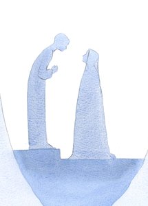 Quando o menino Jesus foi encontrado no Templo, inclinou-se para a frente, explicando calmamente a Sua Santa Mãe (com infinita bondade) que Seu trabalho já havia começado., 2001 (w - c no papel) de Elizabeth Wang