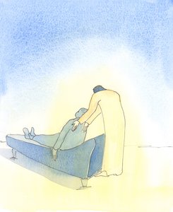 Quando estamos doentes, e Cristo vem a nós na Sagrada Comunhão, é como se Ele insistisse em nos ajudar a deitar no sofá, 2003 (w - c no papel) de Elizabeth Wang