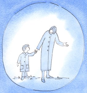 Quando orientamos e ajudamos alguém em necessidade, podemos ser como uma mãe que conduz, instrui e encoraja uma criança pequena, 2003 (w - c no papel) de Elizabeth Wang