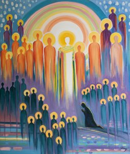 Quando rezamos na Missa, estamos unidos a Cristo na Glória e ao encontro dos Seus santos e das almas do Purgatório, 2000 (óleo a bordo) de Elizabeth Wang