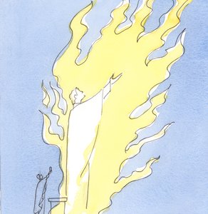 Sempre que o Santo Sacrifício é oferecido em nosso altar, Cristo que está presente em forma sacramental está louvando o Pai no amor ardente do Espírito Santo, 2003 (w - c no papel) de Elizabeth Wang
