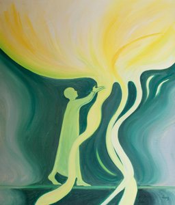 Sempre que oramos, Deus derrama Sua graça sobre nós, 2000 (óleo a bordo) de Elizabeth Wang
