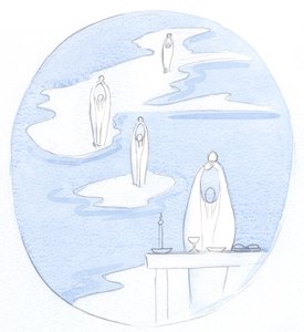 Sempre que um padre católico oferece o Santo Sacrifício da Missa, está Jesus Cristo, Presente com Seu Povo, 2000 (w - c no papel) de Elizabeth Wang