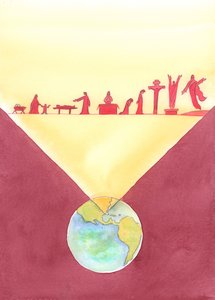 Onde quer que a missa seja celebrada, os presentes estão presentes a toda a obra redentora de Cristo, realizada durante a sua vida na terra e incluindo a sua morte na cruz, 2004 (w - c no papel) de Elizabeth Wang