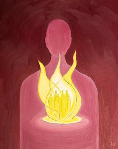 Com o amor de Deus, podemos ajudar e orar por aqueles que carregamos em nossos corações, 2000 (óleo a bordo) de Elizabeth Wang