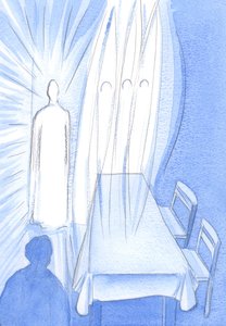 Com Seus Santos Anjos, Cristo observa com admiração enquanto oramos; Ele esconde Seu amor enquanto nos ajuda a crescer na fé, 2002 (w - c no papel) de Elizabeth Wang