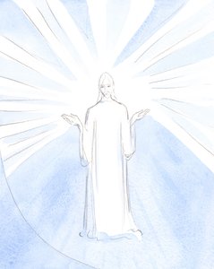 "Só Tu és o Santo": vi Cristo, com as palmas das mãos voltadas para o Pai, enquanto rezava por nós (na Santa Missa)., 2000 (w - c no papel) de Elizabeth Wang