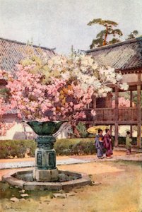 Cherry Blossom, Chion-in Temple (lito colorido) de Ella Du Cane