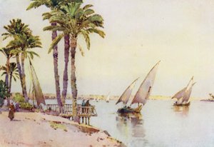 Barcos à vela no Nilo (lito a cores) de Ella Du Cane