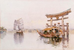 Portão Torii na Entrada do Santuário Itsukushima, Miyijima, Japão (aguarela sobre papel)