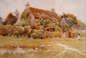 Uma mulher e patos perto de uma casa no verão de Elliot Henry Marten