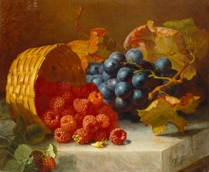 Natureza morta com framboesas e um cacho de uvas em uma borda de mármore, 1882
