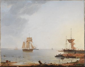 Navios ao largo da costa da Zelândia. Manhã