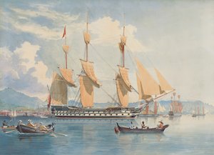 HMS Ganges ancorado e secando as velas no Rio de Janeiro