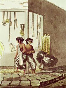 Pampa índios em uma loja no mercado indiano de Buenos Aires, de "ilustrações pitorescas de Buenos Aires e Montevidéu", gravada por J. Bluck (fl.1791-1819) 1820
