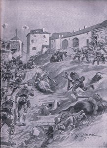 O Batalhão de Caçadores Aschaffenberg 2º Batalhão Bávaro em Lagarde Agosto de 1914, de The Illustrated History of the World War 1914-1915 pub. pela Union Berlagsefellfchaft de Emil (after) Limmer