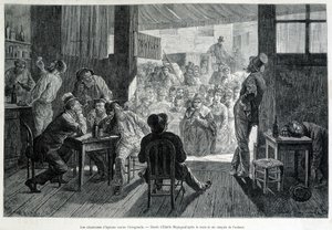 Um grupo de mulheres em frente a um bar, proibido às mulheres, cantando hinos aos bêbados contra o alcoolismo de Emile Antoine Bayard