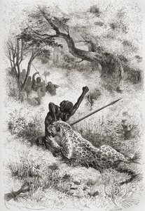 Um leopardo atacando um africano, ilustração de "O mundo nas mãos", gravado por Henri Theophile Hildibrand (1824-97), publicado em 1878 de Emile Antoine Bayard