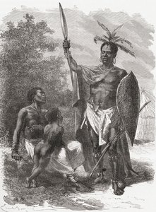 Um nativo de Ougogo, na África Central, em traje de guerra, ilustração de "O mundo nas mãos", publicado em 1878 de Emile Antoine Bayard