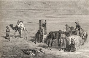 Um poço no deserto entre Samarkand e Karshi, Uzbequistão, ilustração de "O mundo nas mãos", gravado por Charles Laplante (d.1903), publicado em 1878 de Emile Antoine Bayard