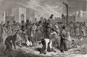 Adúlteros sendo apedrejados e pendurados na Turquia, ilustração de "O mundo nas mãos", gravada por Huyot, publicada em 1878 de Emile Antoine Bayard