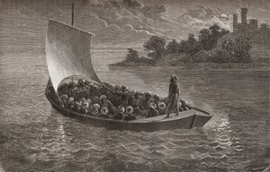 Arminio Vambery e seus companheiros navegando pelo mar Cáspio em 1863, ilustração de "O mundo nas mãos", gravada por Gauchard, publicada em 1878 de Emile Antoine Bayard