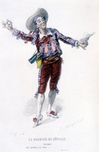 Obra completa de Beaumarchais (1732-1799) de Edouard Fournier. Desenho de Emile Bayard. Ed. Laplace, Sanchez et Cie, Paris 1876. Este é Figaro em "O barbeiro de Sevilha". de Emile Antoine Bayard