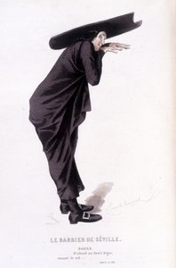 Obra completa de Beaumarchais (1732-1799) de Edouard Fournier. Desenho de Emile Bayard. Ed. Laplace, Sanchez et Cie, Paris 1876. Este é Bazile em "The Barber of Seville" (O Barbeiro de Sevilha). de Emile Antoine Bayard