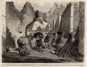 Descoberto por um forno de padaria e pão conservado em cinza durante as escavações de 1864 em Pompéia, desenho de Emile Bayard (1837-1891), para ilustrar o texto de Marc Monnier (1829-1885) "Pompéia e os Pompeianos". Gravura em "Le tour du monde", editado  de Emile Antoine Bayard