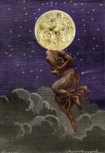 Gravura (de Emile Bayard) do livro "Around the Moon" (Edição Hetzel/Voyages extraordinaire 1870) de Jules Verne: a lua personificada com o corpo de uma jovem mulher... sofrendo de uma cólica! de Emile Antoine Bayard