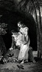 Gravura que ilustra uma edição do romance de Jacques-Henri Bernardin de Saint Pierre (Jacques Henri Bernardin de Saint-Pierre), do final do século XIX: Paul et Virginie. As aves chegam à terra sem medo perto do jovem casal de amantes na floresta. Desenho b de Emile Antoine Bayard
