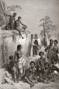 O rei havaiano Kamehameha I e seus guerreiros, ilustração de "O mundo nas mãos", publicado em 1878 (gravura) de Emile Antoine Bayard